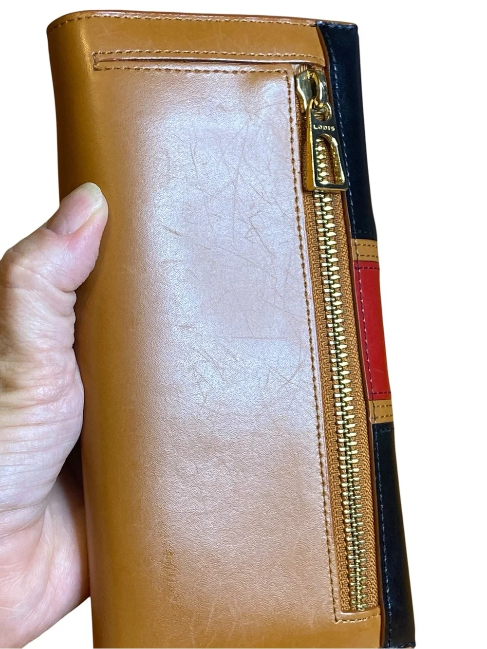 Lodis Hydepark Vintage Blk/Red Tri Fold Leather Wallet Clutch